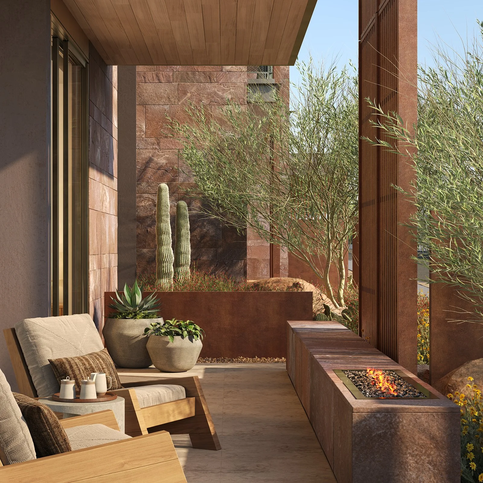 Outdoor patio with a fire table