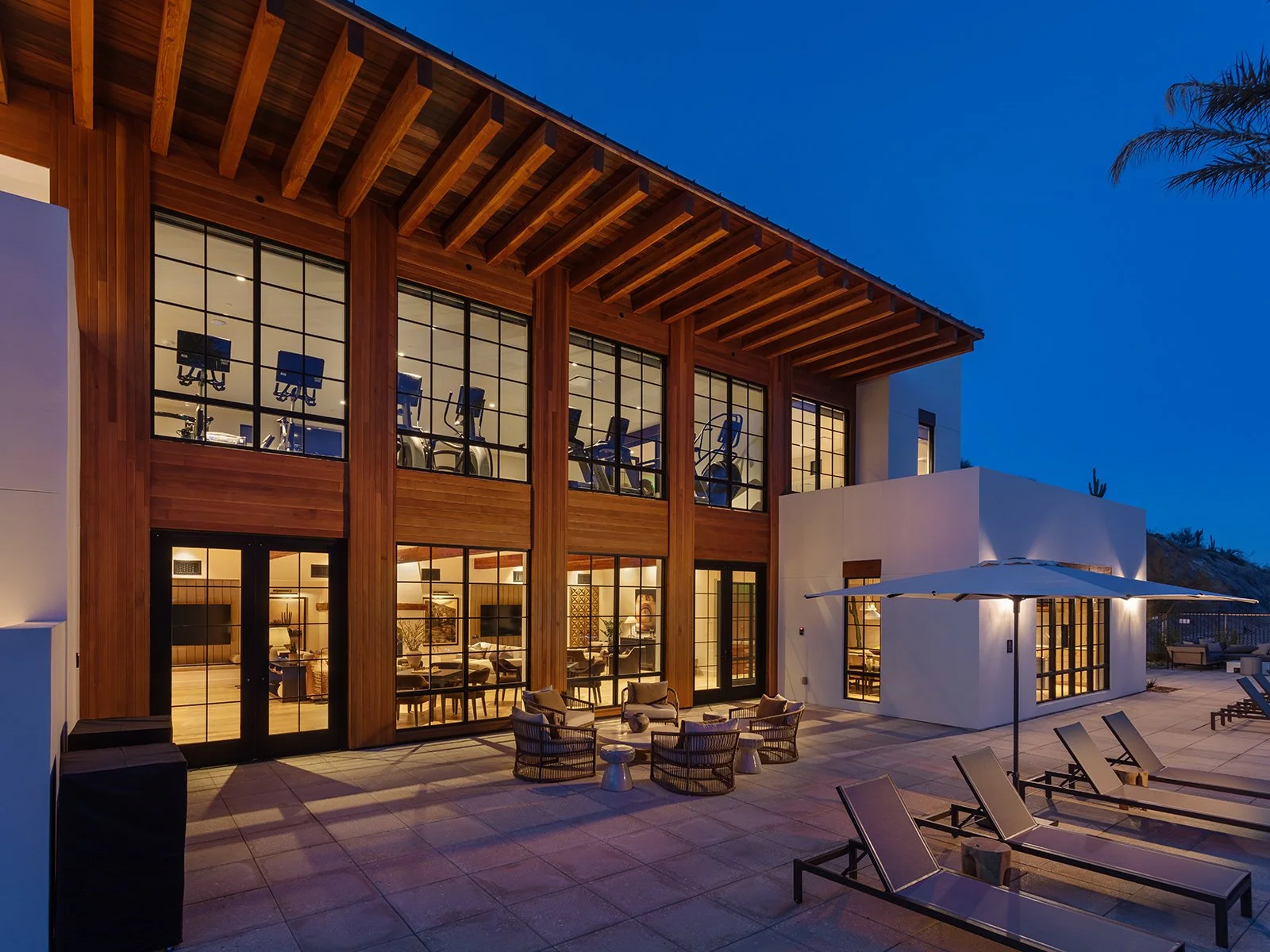 Wood exterior of the Mountain Club in the evening