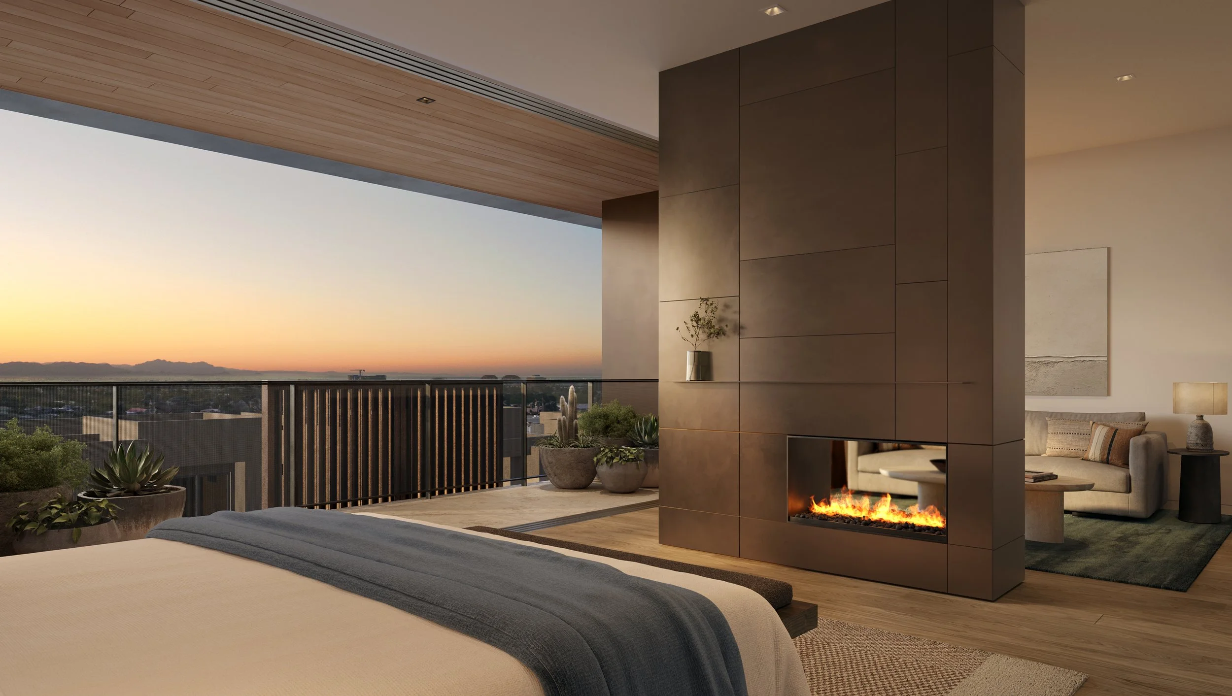 Primary bedroom with terrace and fireplace