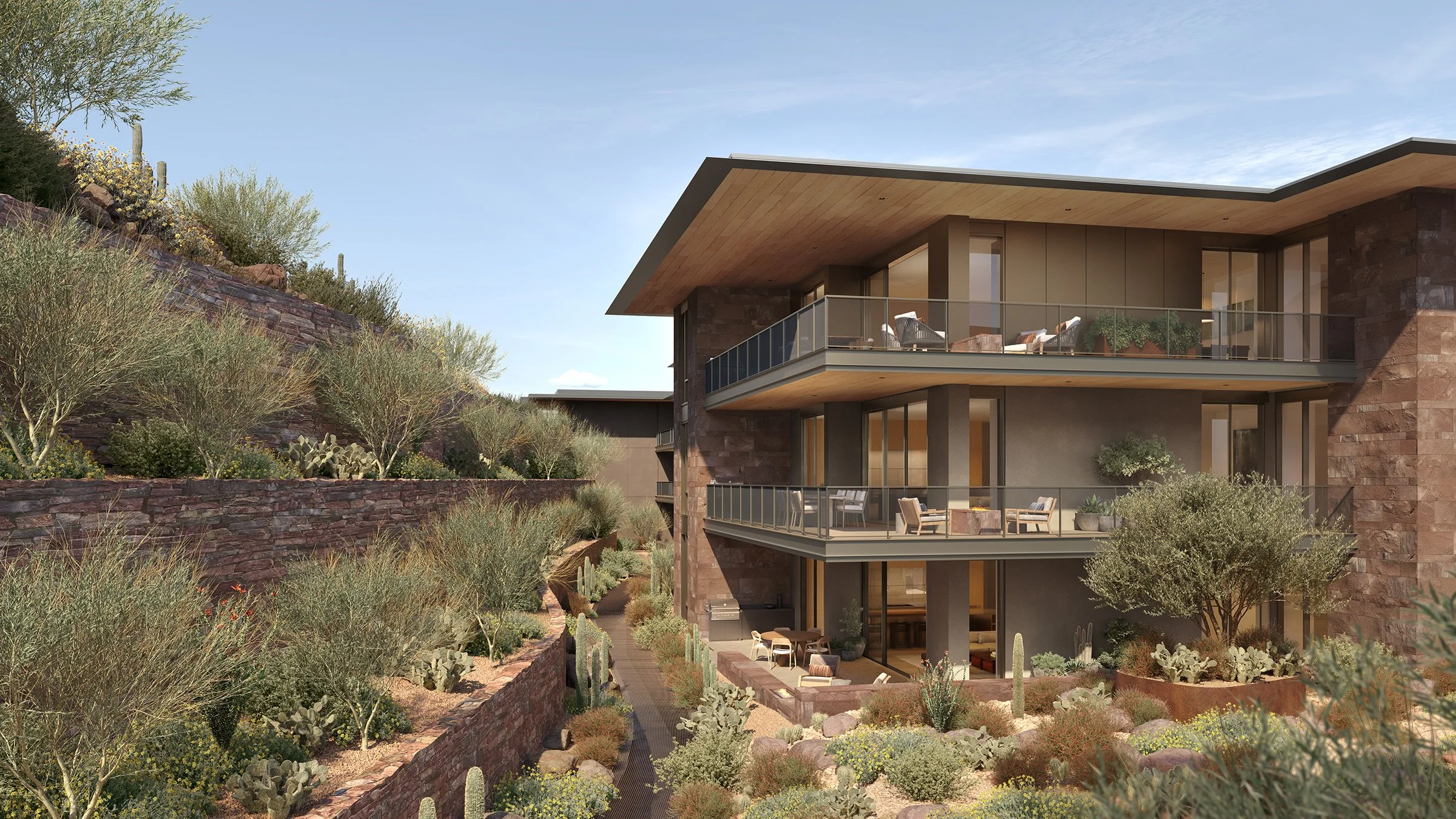 Private terraces along the base of Camelback Mountain