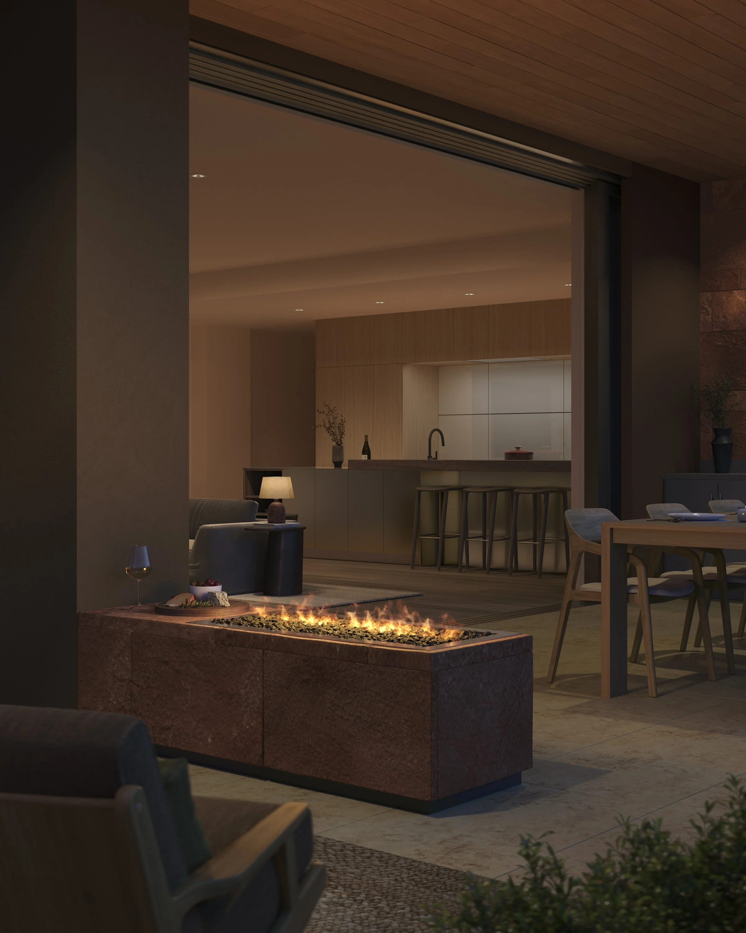 Patio at dusk with fireplace
