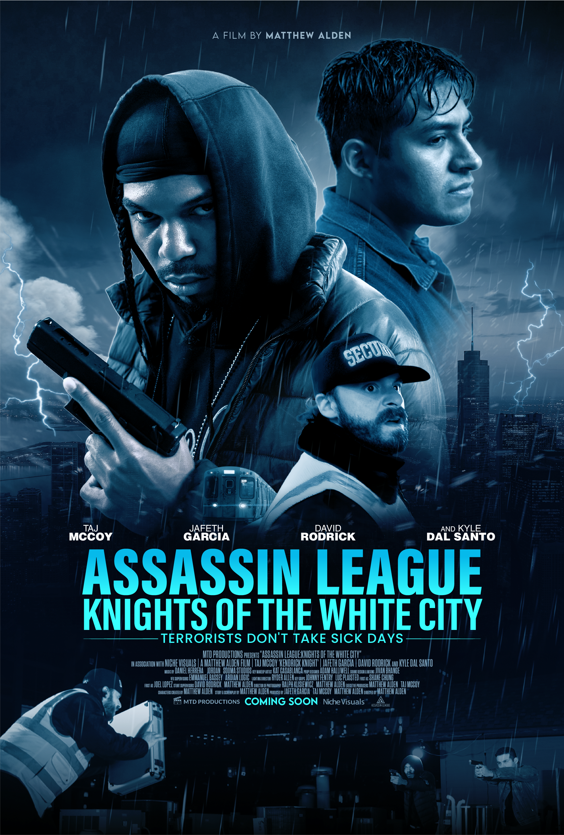 Movie poster for 'Assassin League: Knights of the White City.' Features three main characters in a rainy urban setting, with lightning in the background. The title is in bold blue letters, and the tagline reads 'Terrorists Don't Take Sick Days.'