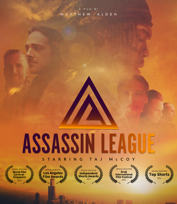 Poster for the film "Assassin League" featuring multiple characters' faces with an orange and yellow sunset background and a stylized triangular logo in the center.