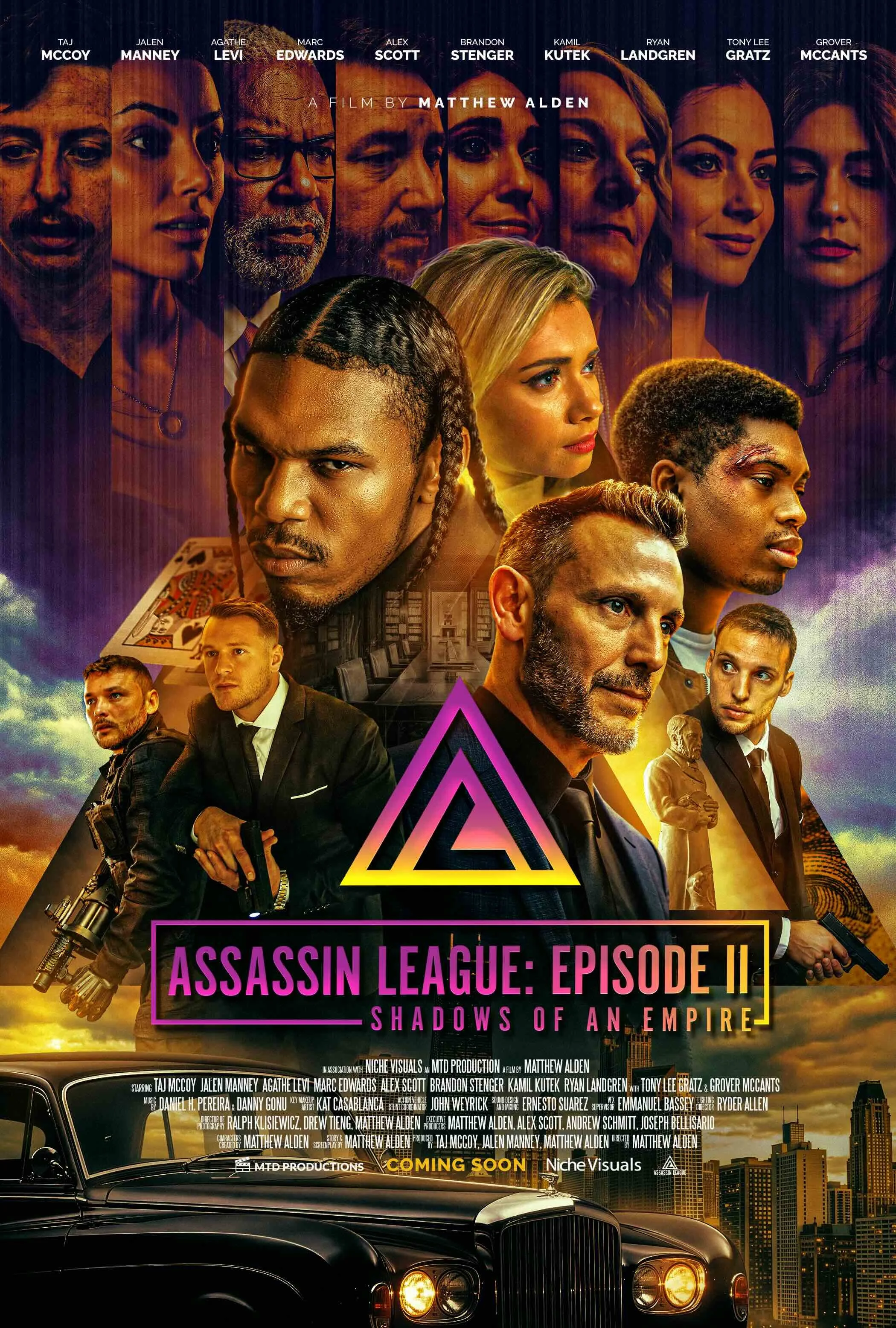 Poster for 'Assassin League: Episode II - Shadows of an Empire' featuring multiple characters with intense expressions, a city skyline, a black luxury car, and a hand holding guns, with the title and credits.