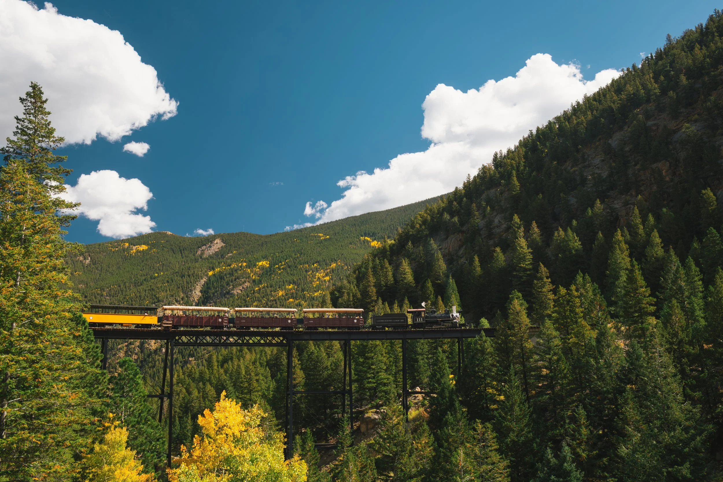 A scenic view of a mountain landscape with a train traveling on a bridge through a forested area under a blue sky with white clouds.