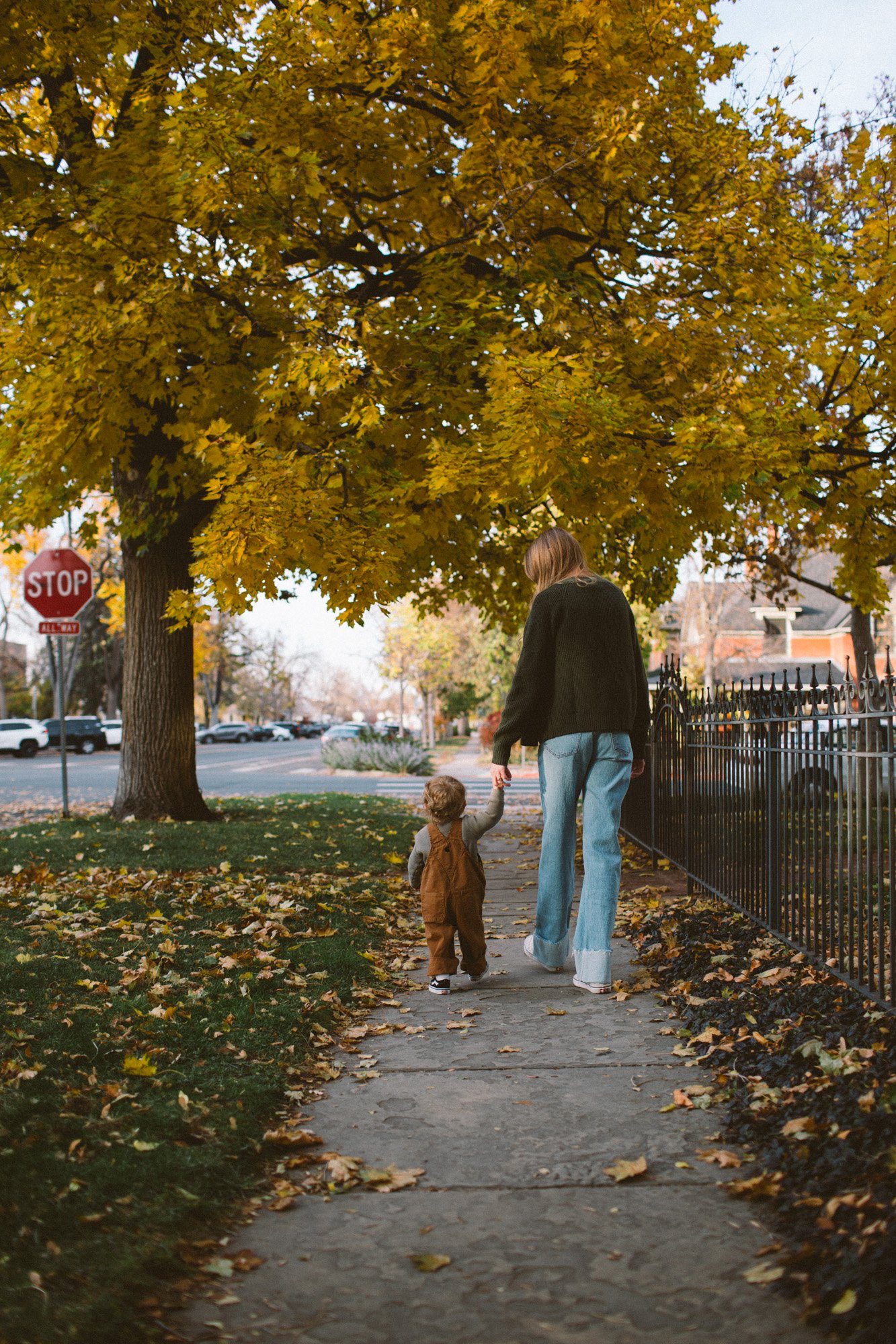 A woman and a young child walking hand-in-hand on a sidewalk covered with fallen autumn leaves, with a large tree with golden-yellow leaves overhead and a black metal fence on the right side of the sidewalk. There is a stop sign and a street with par