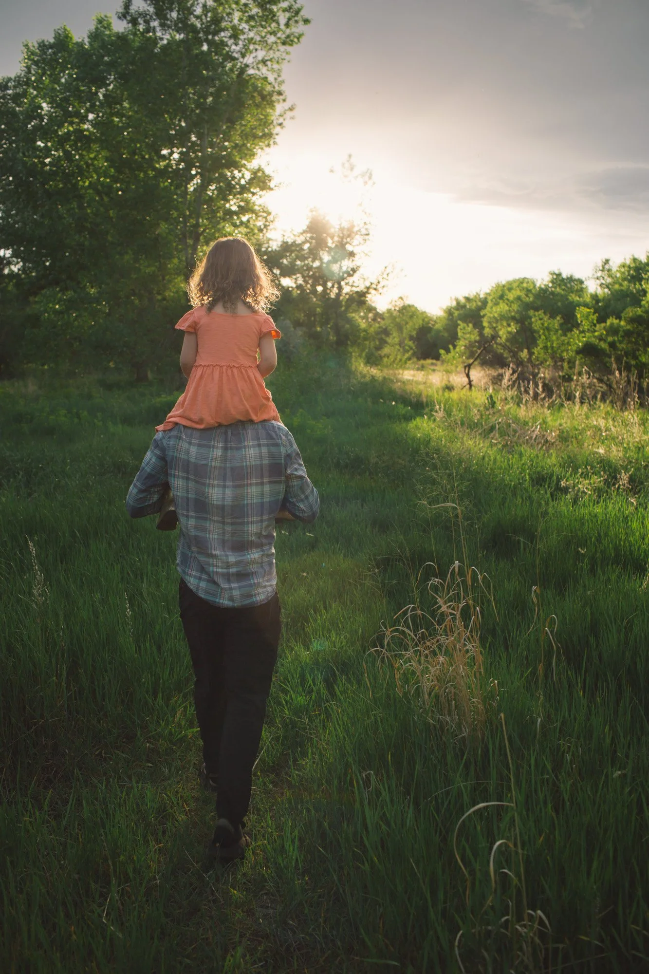 A person with long hair in a pink dress is sitting on the shoulders of another person in a plaid shirt walking through a grassy field at sunset, with tall green trees and a cloudy sky in the background.