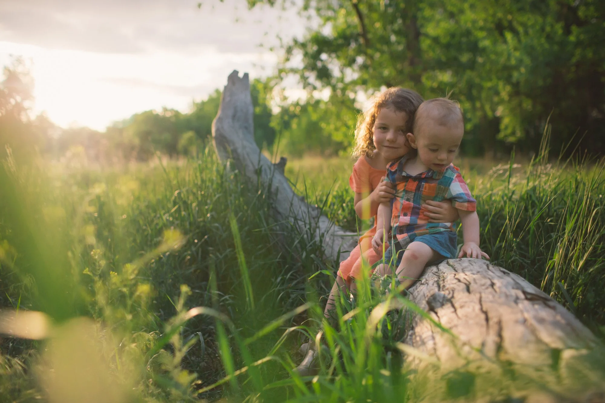 Two children, a girl with curly hair and a boy with short hair, sitting on a fallen tree trunk in a grassy field with trees in the background, during sunset.