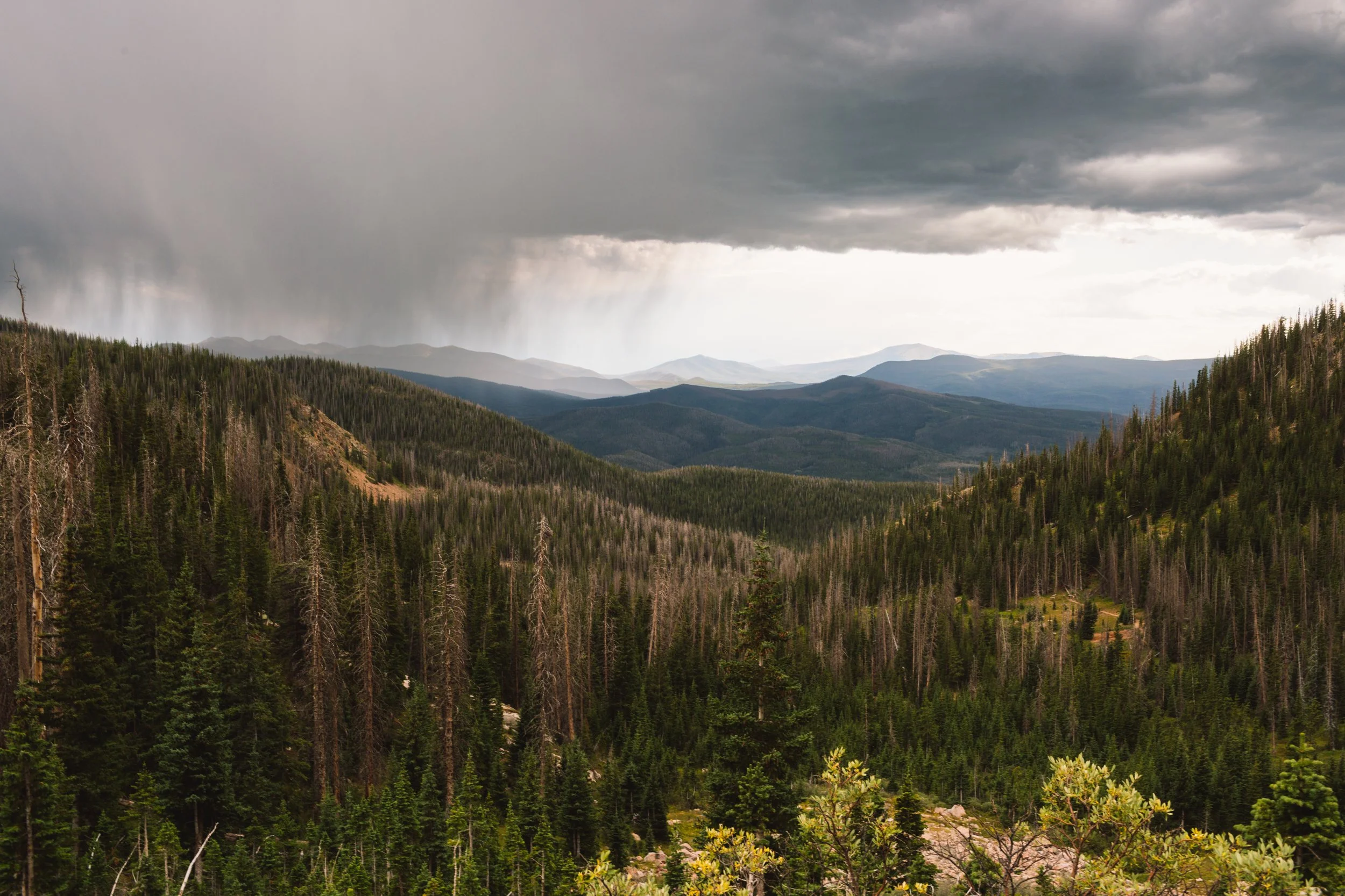 A mountain landscape with a dark stormy sky, dense green forest, and distant mountain ranges under cloudy weather with rain falling in the background.