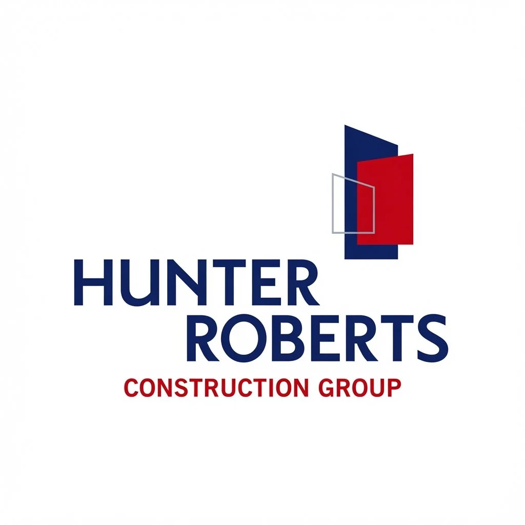 Logo for Hunter Roberts Construction Group with red and blue geometric shapes above the company name.