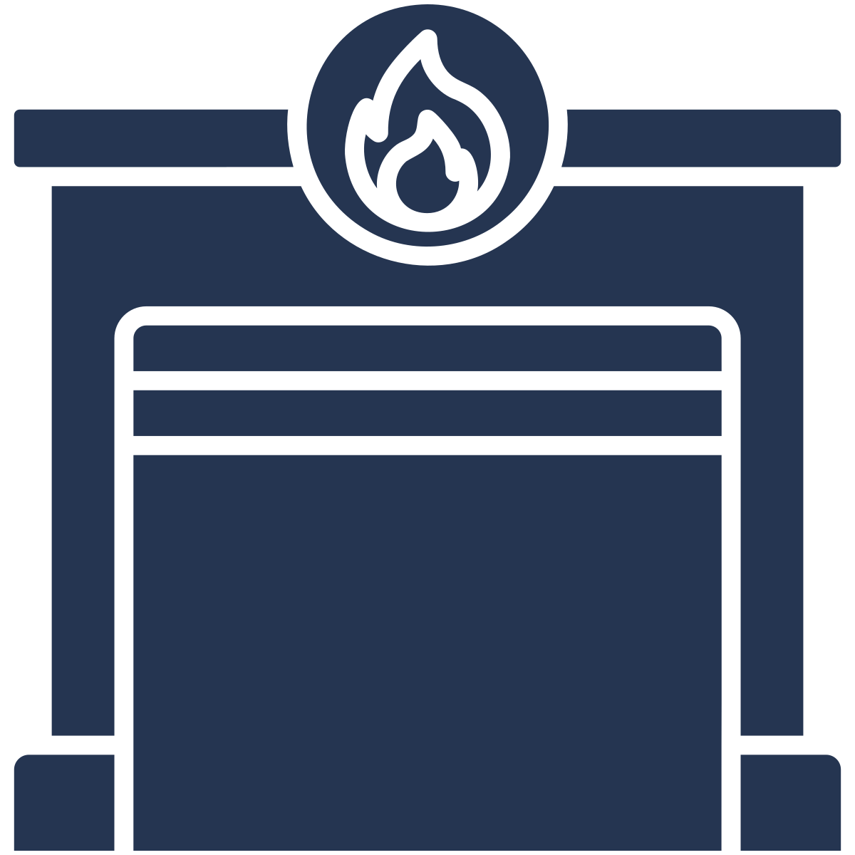 A dark blue icon of a household heating furnace with a flame symbol on top.
