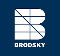Logo with a stylized letter 'B' and the word 'BRODSKY' underneath, on a dark blue background.