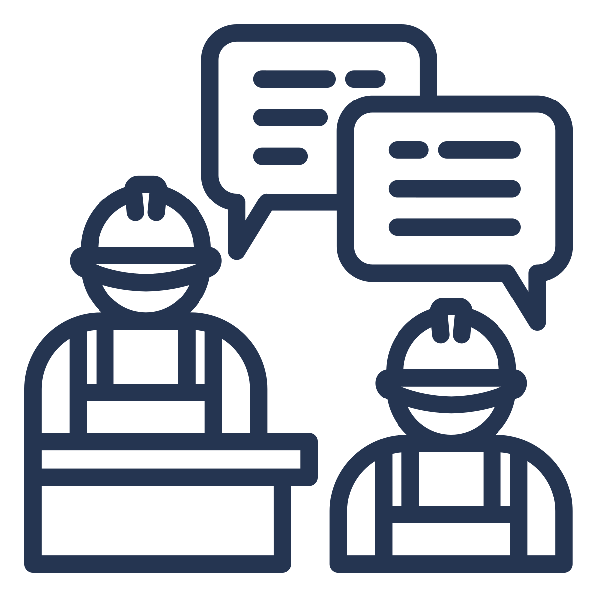 Line drawing of two workers wearing safety helmets and aprons, engaged in conversation with speech bubbles above their heads.