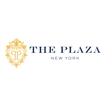 The logo of The Plaza New York with gold emblem and navy blue text.