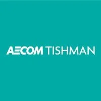 Logo of AECOM Tishman against a teal background.