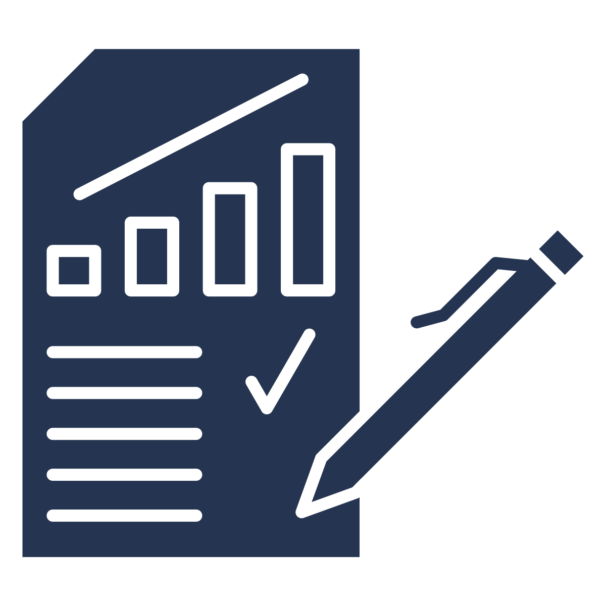 A dark blue chart with bar graphs and a line graph, with text and check marks, alongside a pencil.