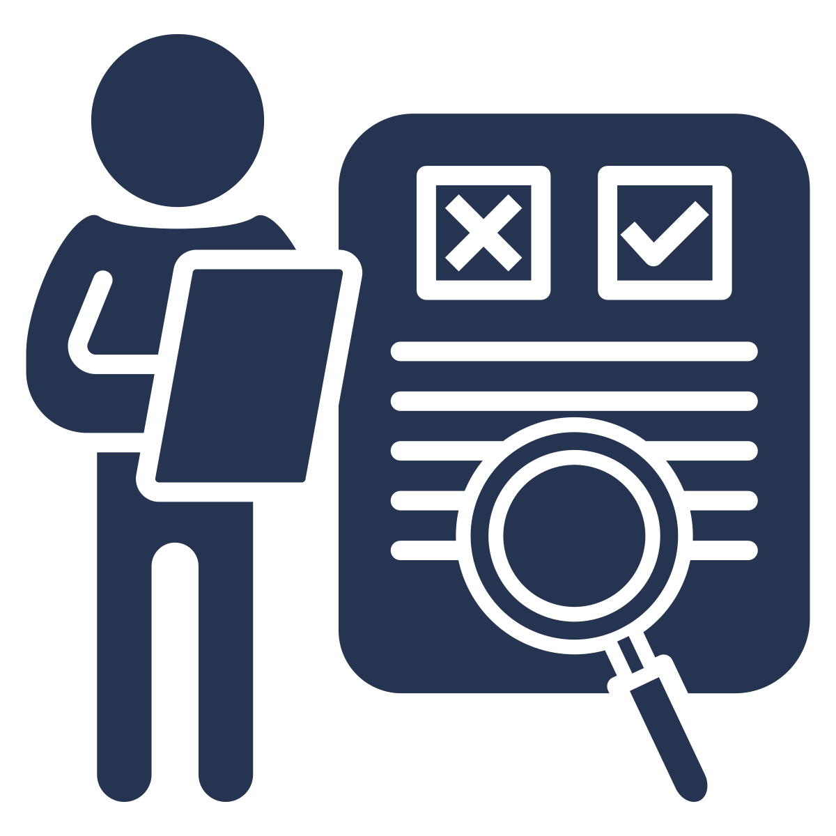 Illustration of a person with a ballot paper, newsprint with two checkboxes (one marked), and a magnifying glass, representing voting or election analysis.