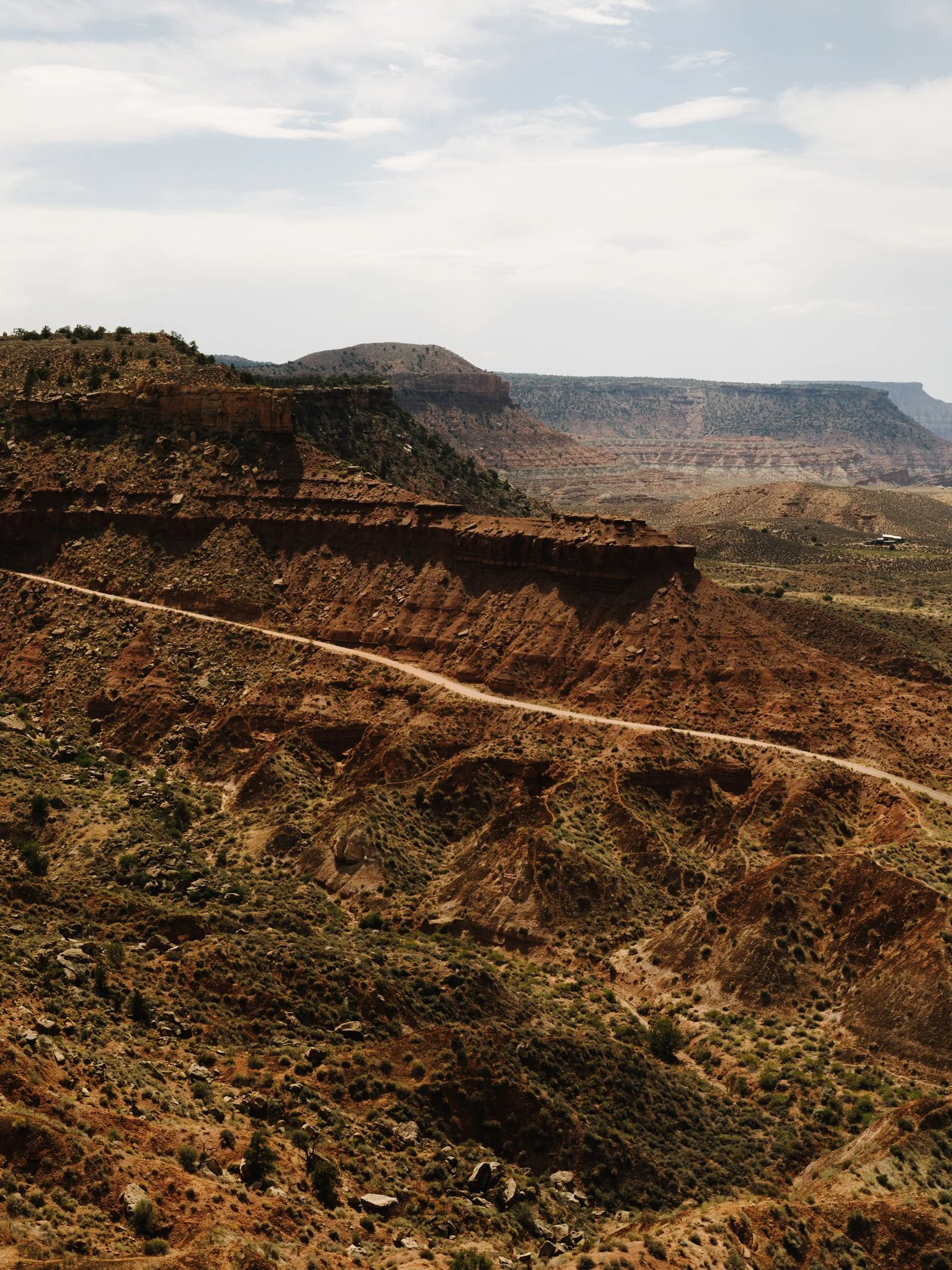 A scenic view of rugged, reddish-brown mesas and canyons with sparse vegetation under a partly cloudy sky.