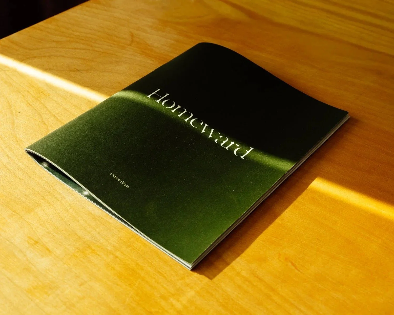 A book titled 'Homeward' by Samuel Elkins resting on a wooden table, illuminated by sunlight.
