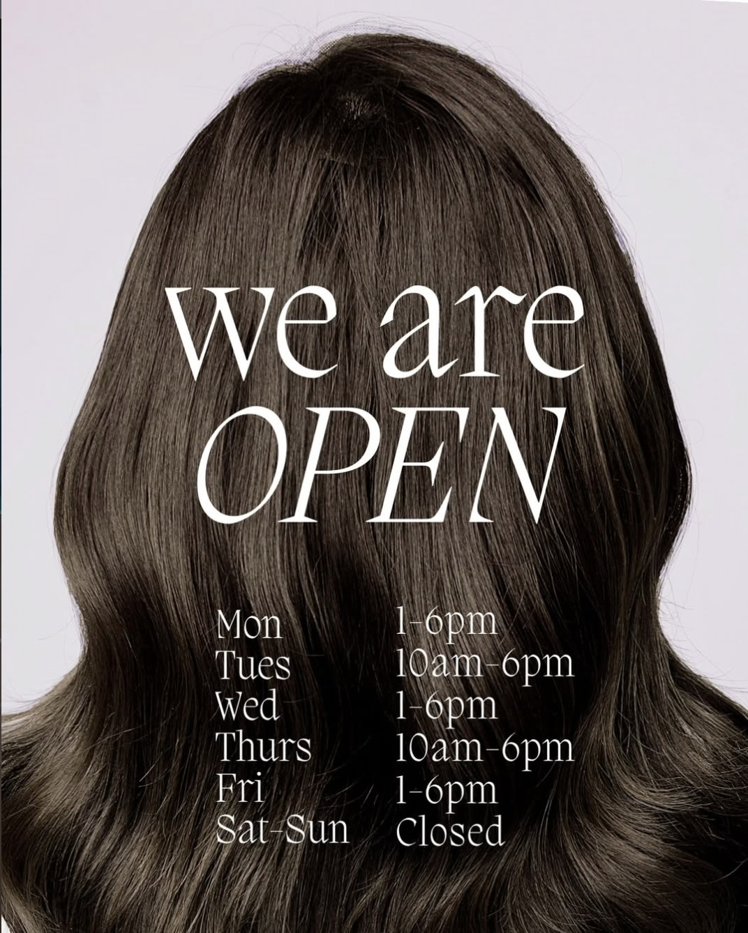 Sign over a person's head with long, brown, shiny hair and text indicating the business hours for a hair salon, which is open Monday through Friday and closed Saturday and Sunday.