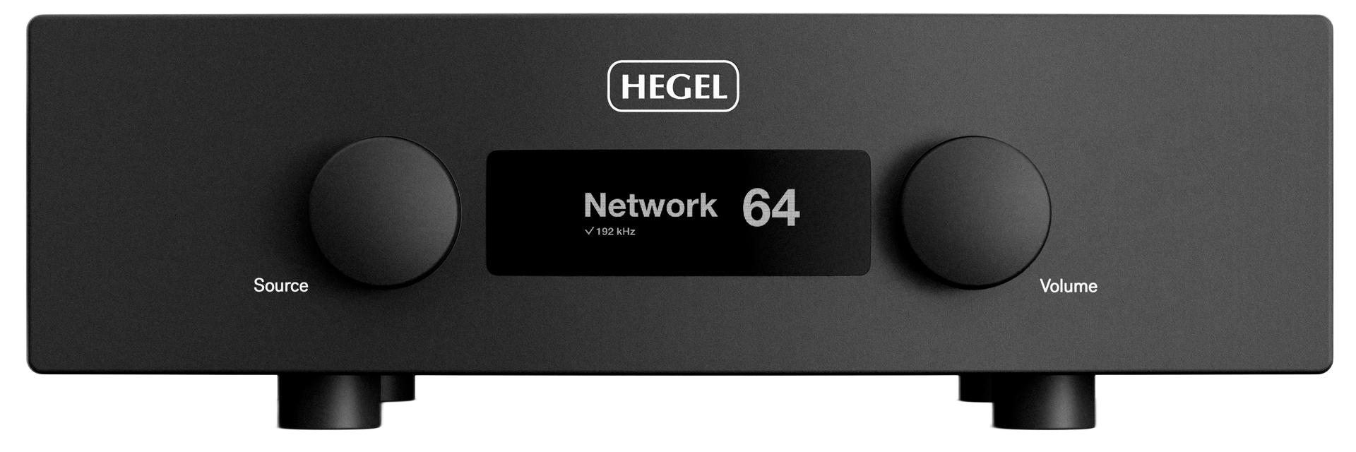 Hegel Network 64 audio component with a digital display showing radio station information and two control knobs labeled 'Source' and 'Volume'.