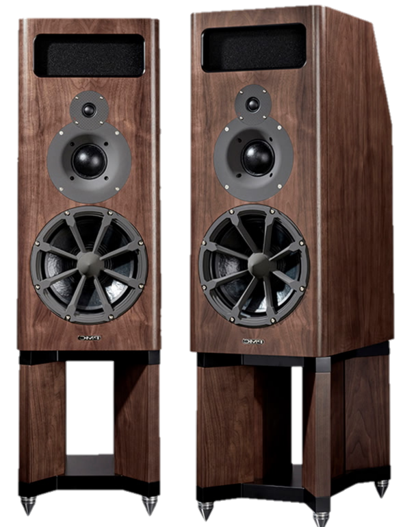 Pair of wooden floor-standing speakers with multiple drivers, including a tweeter, midrange, and woofer, on stands.