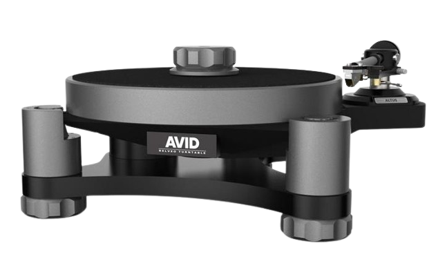 A black and silver turntable with a tonearm on the right and the brand name 'AVID' on the front.