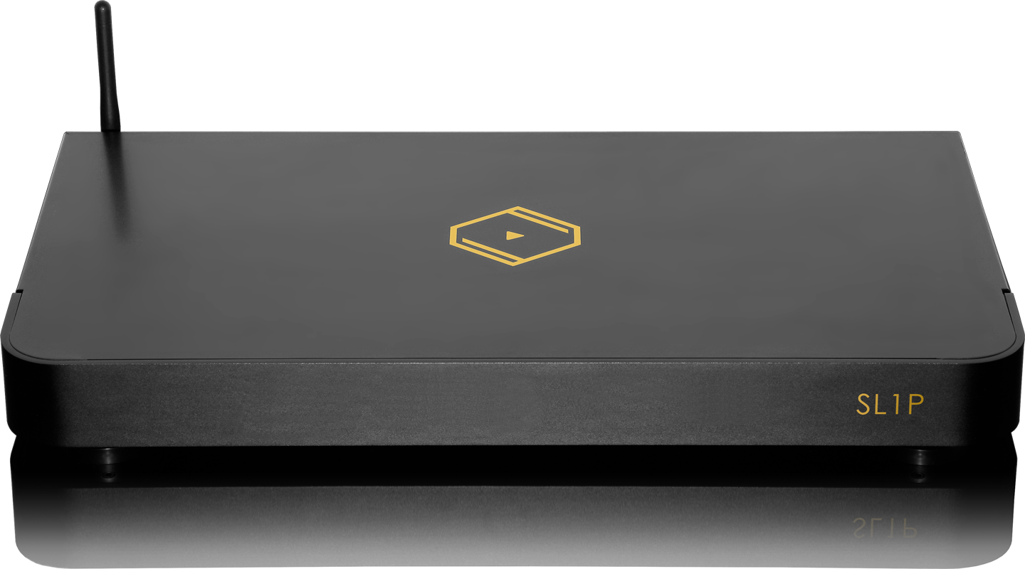 Black rectangular device with a small antenna on the top left corner and golden logo in the center, with 'SL1P' written on the front right corner, placed against a black background.
