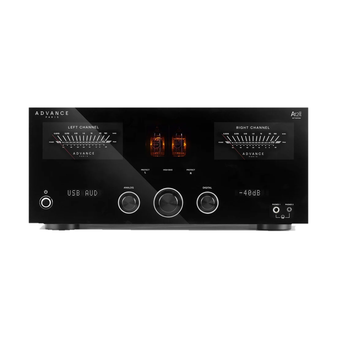 Black audio amplifier with analog and digital controls, two vacuum tubes, and LED level meters for left and right channels.