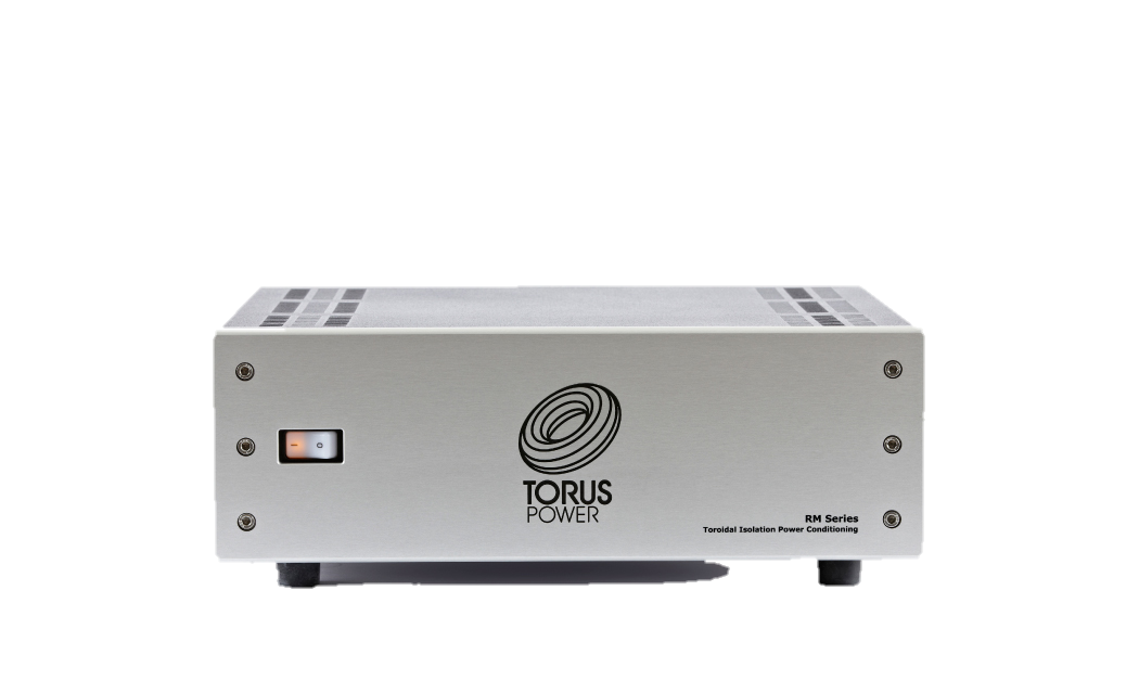 Silver electronic equipment with a black and orange power switch, labeled 'TORUS POWER' with a circular logo, and text 'RM Series Toroidal Isolation Power Conditioning' on the front panel.