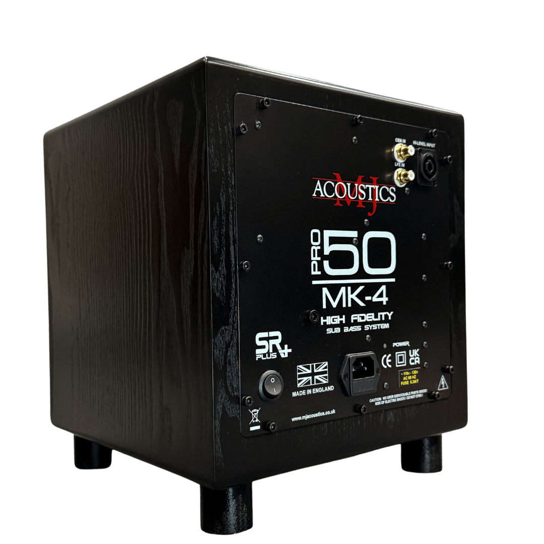 A black subwoofer speaker with branding and specifications printed on the back panel, including 'Acoustics MV', 'Pro 50 MK-4', and 'High Fidelity Sub Bass System'.