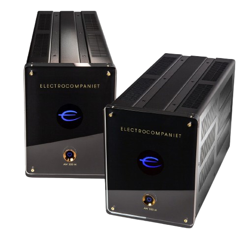 Two black audio amplifiers with the brand name Electrocopmaniet, lit blue logo, and control dial.