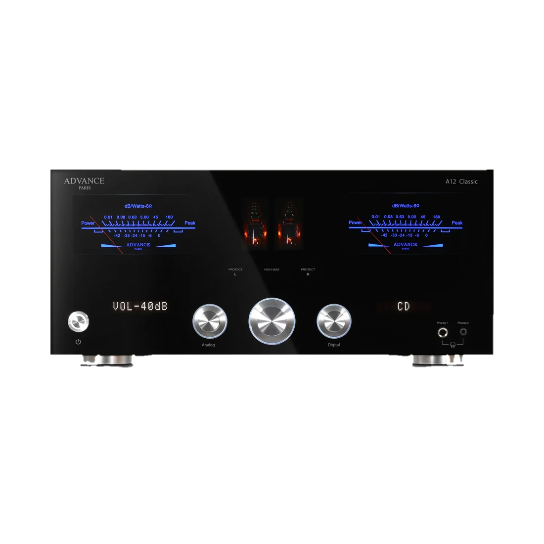 A black audio device with two turntable-like meters, two silver knobs labeled Analog and Digital, a central large silver knob, a small silver power button, and a small display reading "CD."