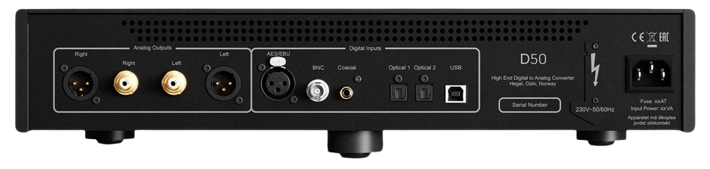 The back panel of a D50 high-end digital to analog converter, showing various ports including power, USB, optical, BNC, coaxial, analog outputs, and digital inputs.