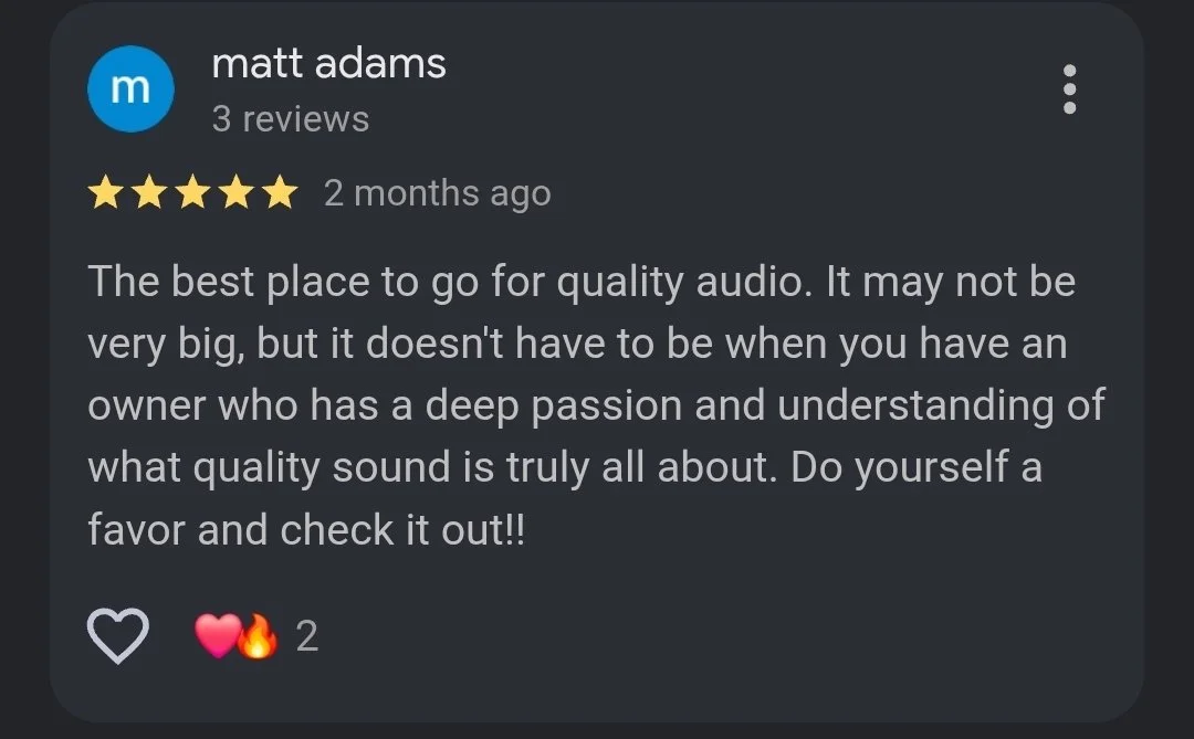 Screenshot of a positive review for a business related to audio quality, posted by Matt Adams with three other reviews, showing a five-star rating, two heart and fire emojis, and two comments.