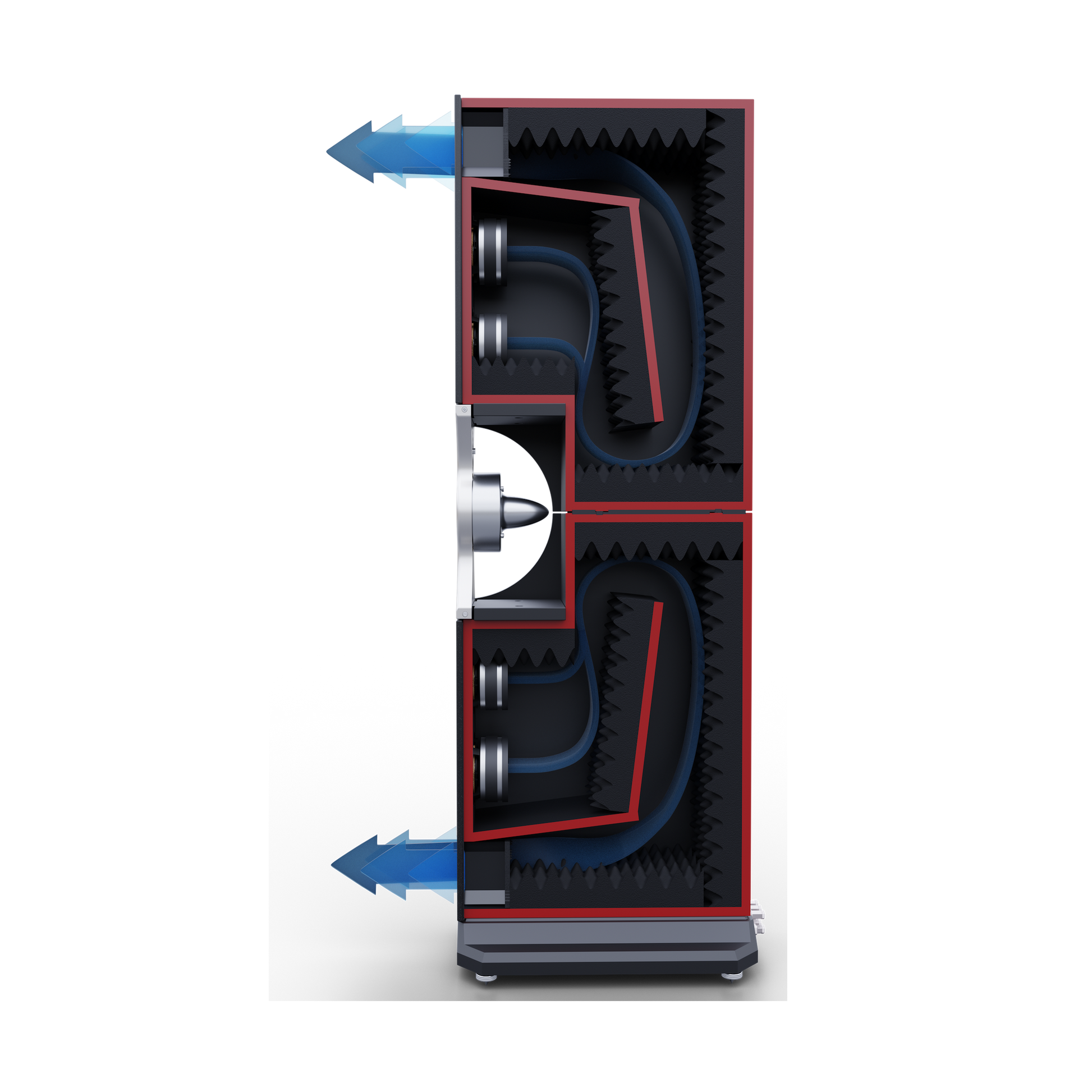 Diagram of a high-efficiency heat pump with blue and black components, showing airflow and internal mechanisms.