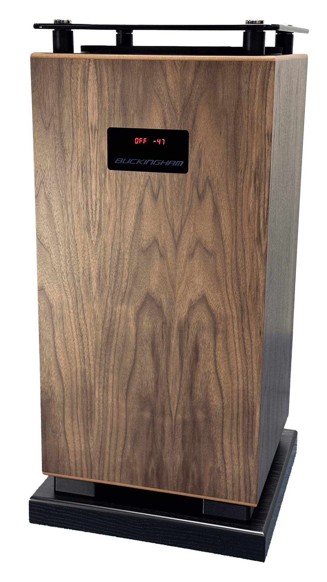 A wooden speaker with a digital display showing 'OFF -47' and the brand name 'BUCKINGHAM' on the front.