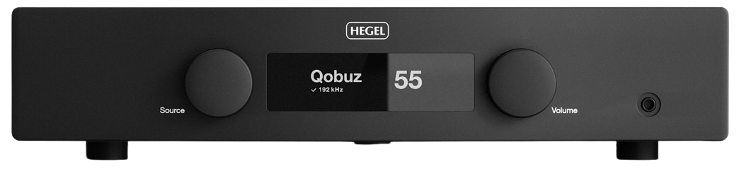 Hegel audio device with digital display showing 'Qobuz' and volume set to 55.