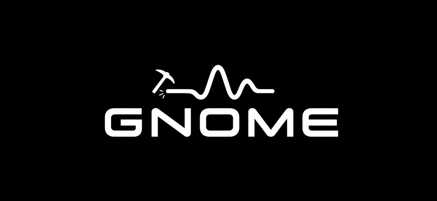 Black background with a white line illustration of a pickaxe, a mountain peak, and a heartbeat line above the word 'GNOME' written in bold, uppercase letters.