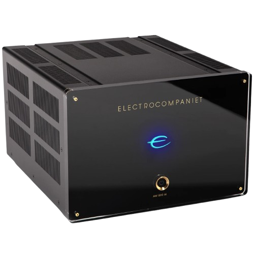 Black electronic device with a glossy front panel displaying a blue 'e' symbol and the words 'ELECTROCOMPANIET' in gold, with vents on top and sides.