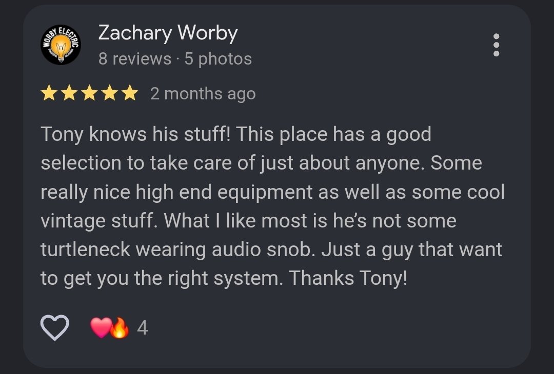 Review by Zachary Worby praising Tony for good customer service, high-end equipment, and vintage items in an audio shop.