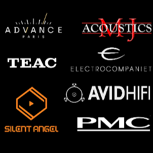 Logo collage featuring 'Advance Paris', 'Acoustics Auj', 'TEAC', 'Electrocompaniet', 'Avid HiFi', 'Silent Angel', and 'PMC'.
