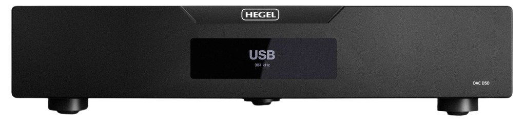 Hegel DAC D50 digital-to-analog converter with a display showing USB and 384 kHz.