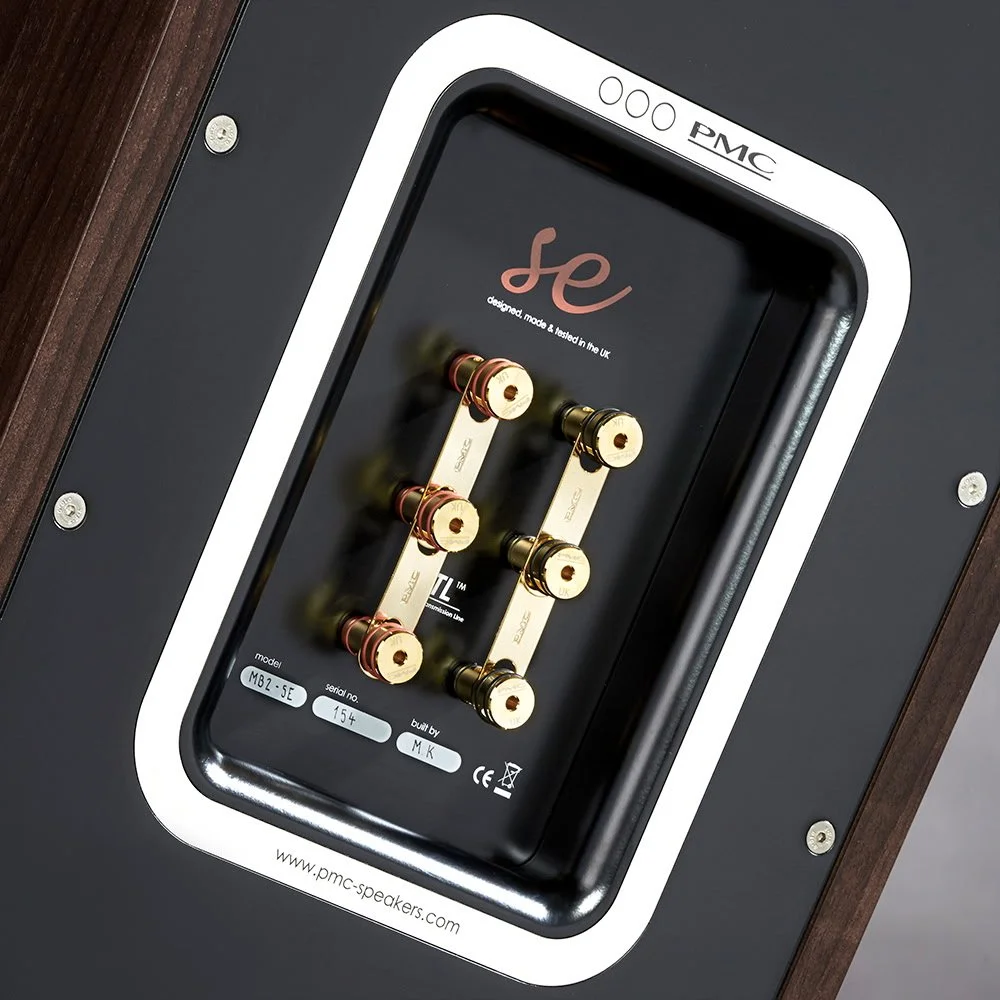 Close-up of the back of a PMC MB2-S-E speaker, showing the speaker terminals with gold-plated connections and cable connectors, mounted on a wooden and black panel.