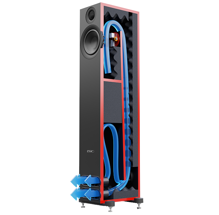 Cutaway view of a modern speaker illustrating the internal cooling system with blue tubes, sound components, and damping materials.