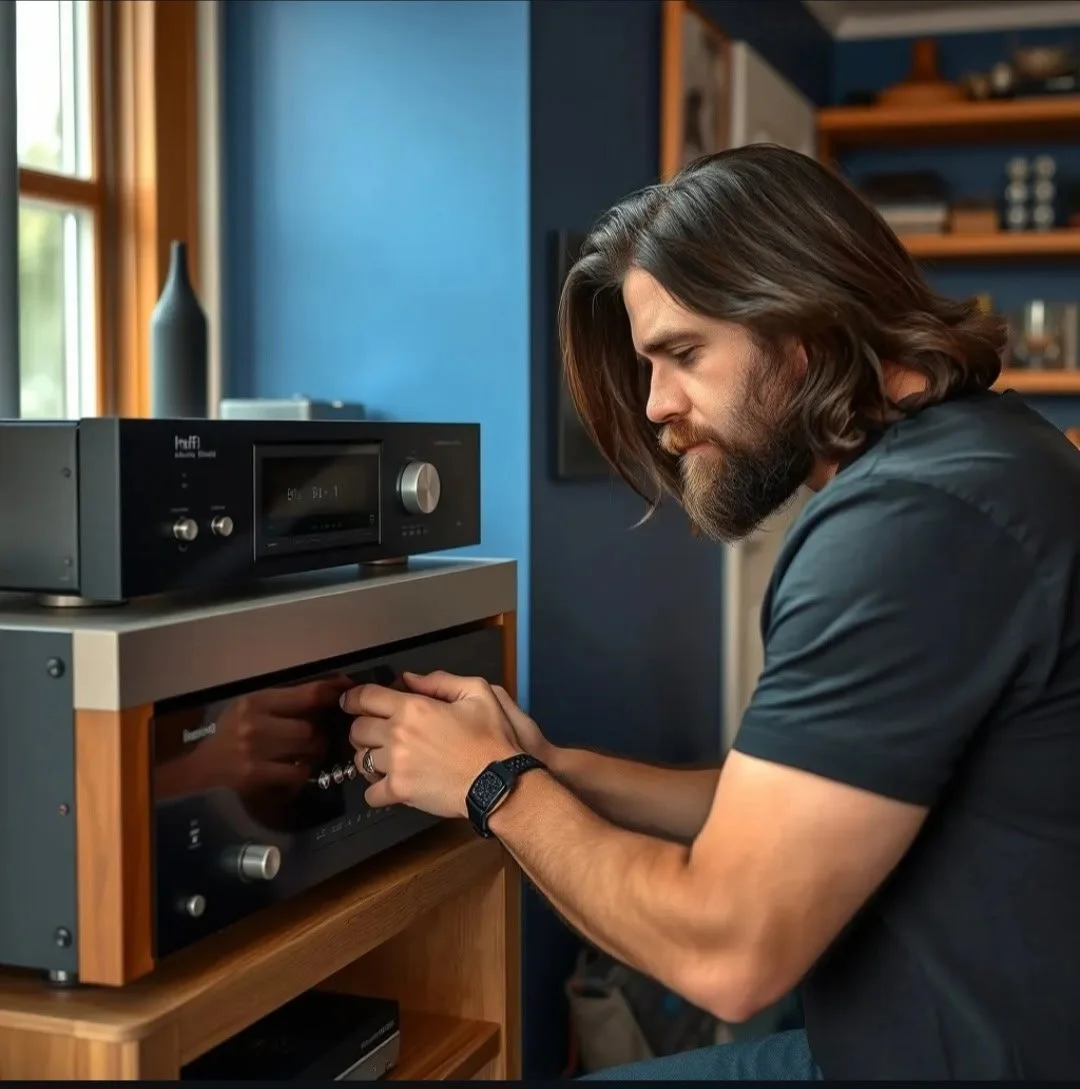A man with long brown hair and a beard adjusting a stereo or amplifier on a shelf in a room with blue walls and wooden shelves.
