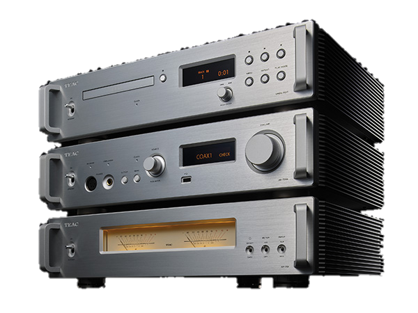 Three stacked silver audio components, including a CD player at the top, a stereo receiver in the middle, and a vintage stereo amplifier at the bottom, against a black background.