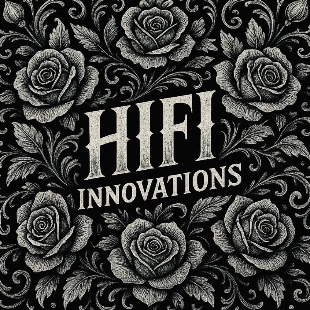 Black and white graphic design featuring roses and swirling leaves, with the text 'HIFI INNOVATIONS' in the center.