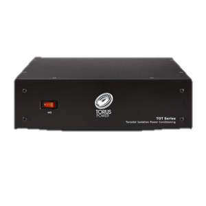 Black power conditioner unit with a red power switch and a Torus Power logo on the front.