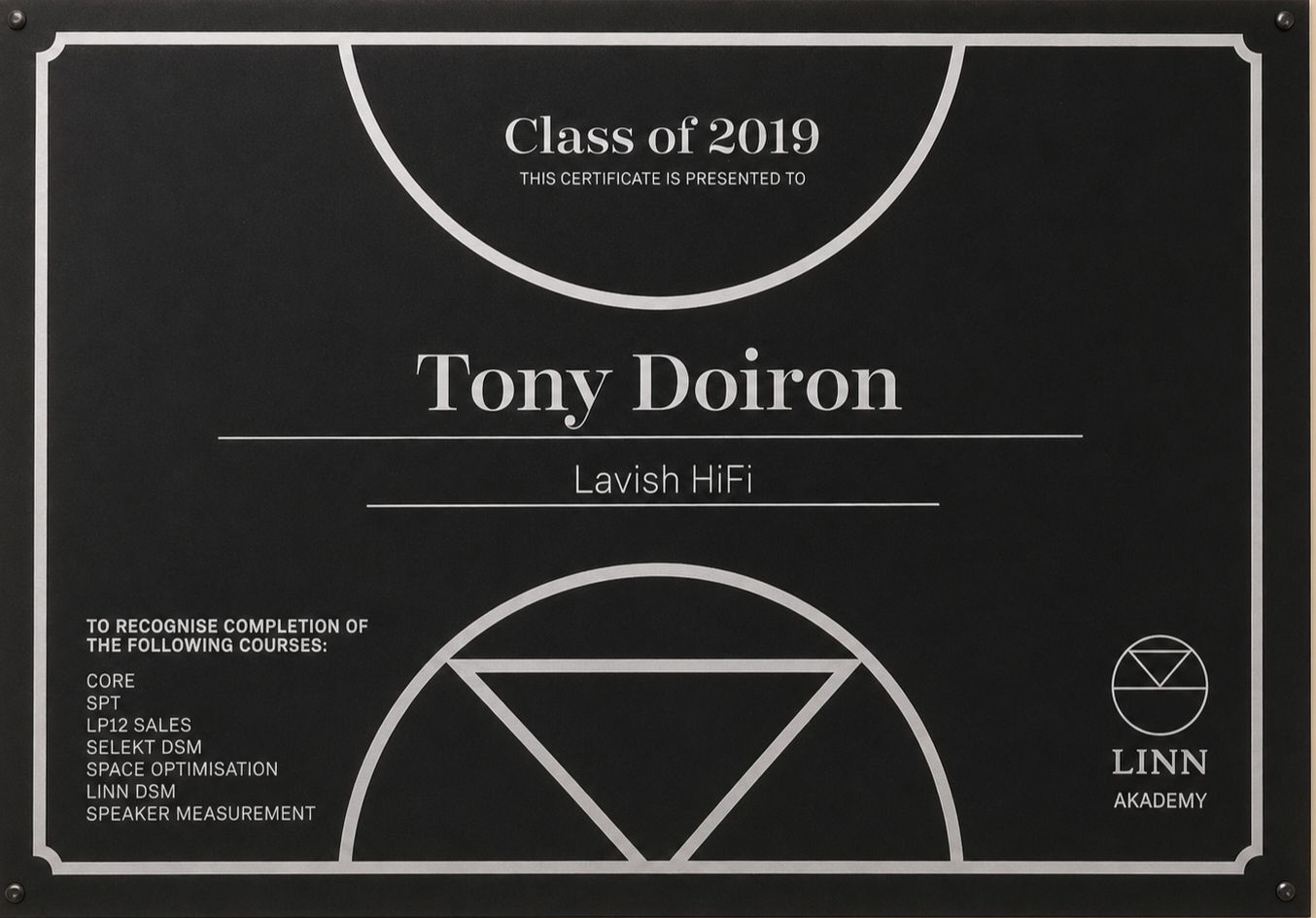 A black plaque with white text and geometric designs, indicating certification for Tony Doiron from the Linn Akademy, class of 2019, for completing various audio and speaker courses.